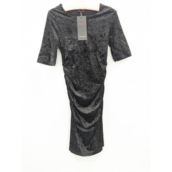 Therapy Dresses & Skirts - Goth Black Velvet Stretch Bodycon 3/4 Sleeve Mesh Crewneck Midi Dress Medium